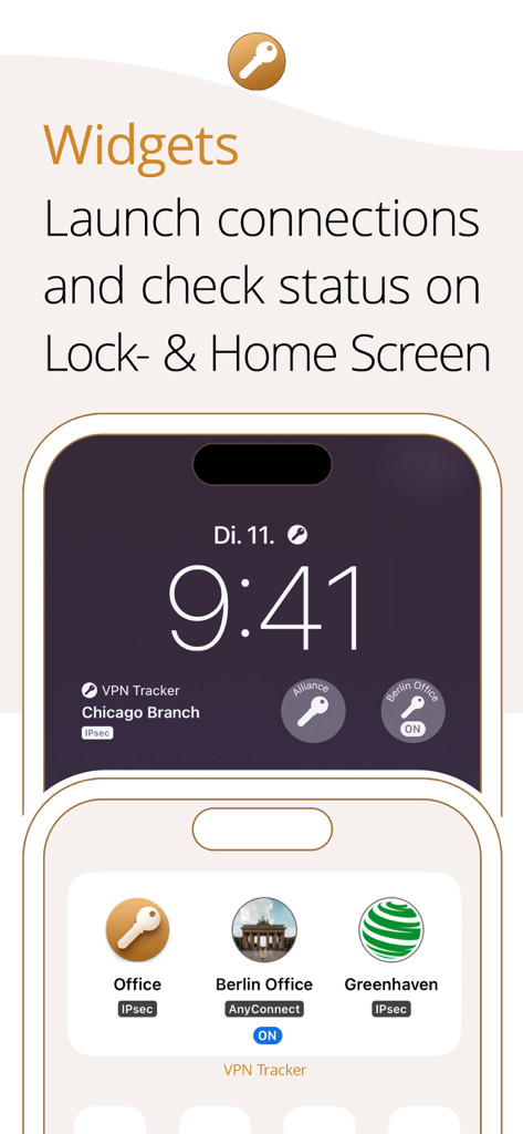 VPN Tracker widgets for launching connections and checking status on iPhone lock and home screens