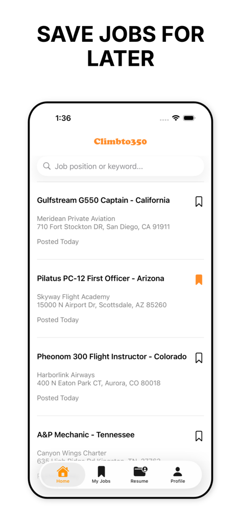 climbto350: aviation job board - Mobile app interface showing aviation job listings for pilots and mechanics with a save feature