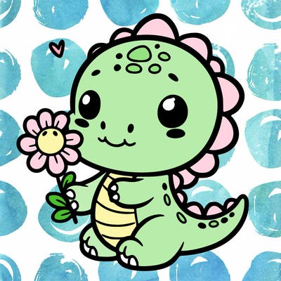 cute little dinosaur holding a flower