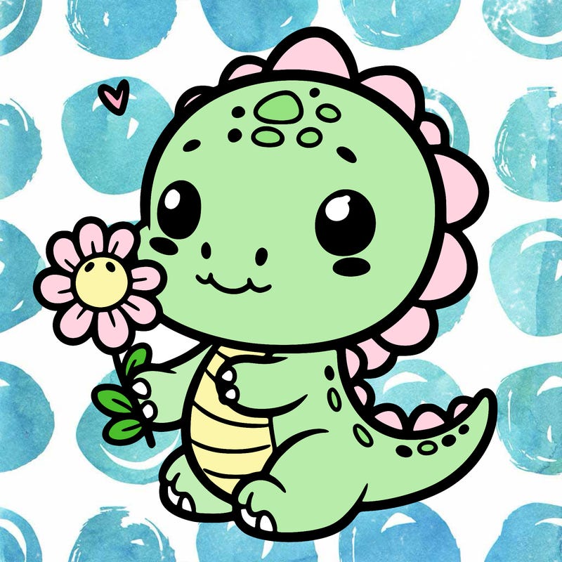 cute little dinosaur holding a flower