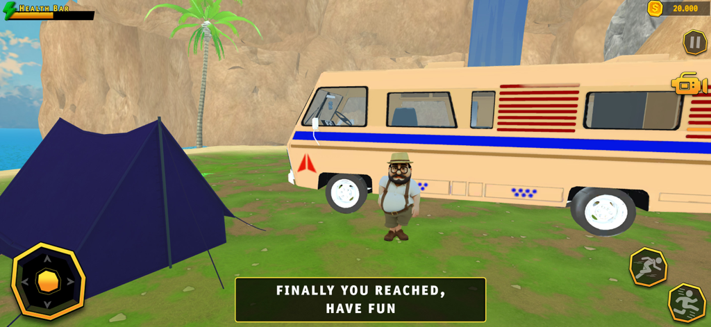 A character standing next to a tan RV and blue camping tent at the lake destination.