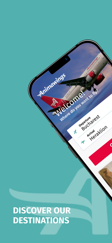 AnimaWings mobile app welcome screen showing a flight search from Bucharest to Heraklion
