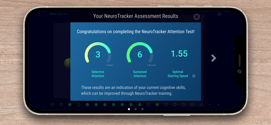 NeuroTrackerX - Écran de l'application NeuroTrackerX affichant les résultats d'évaluation cognitive pour les scores d'attention sélective et soutenue