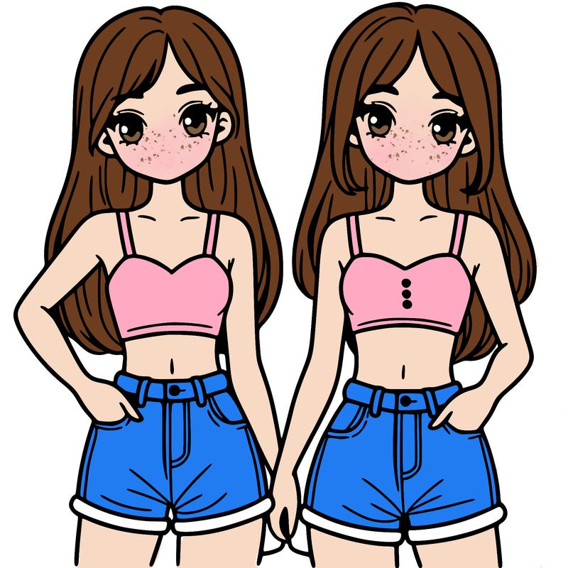 two sisters with crop tops and jean shorts and straight hair