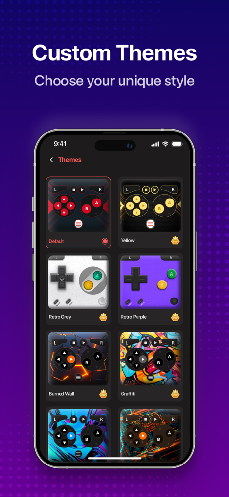 GBA, PSP, DS Game Emulator - Un menú que muestra diferentes opciones de skins de control coloridas y de estilo retro para la aplicación emuladora.