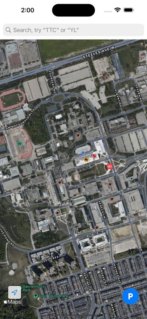 York University Keele campus satellite map with search bar and building markers