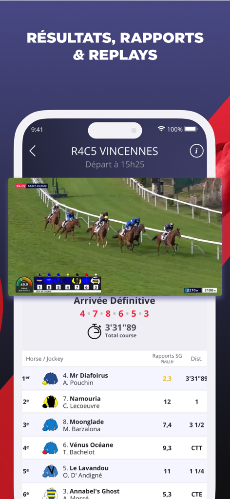 Écran de l'application Paris Turf affichant les résultats des courses hippiques et une vidéo de rediffusion de course