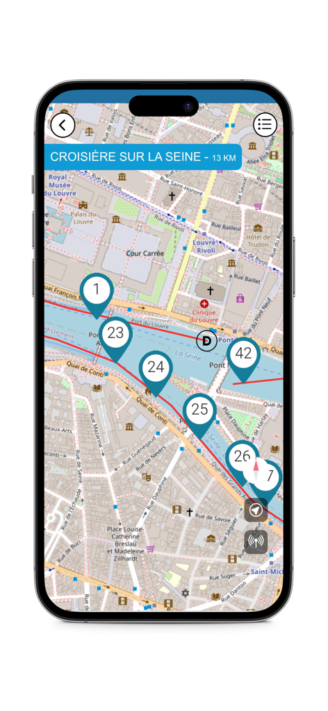 Vedettes du Pont Neuf - Mapa interactivo que muestra la ruta del crucero por el río Sena y los monumentos de París