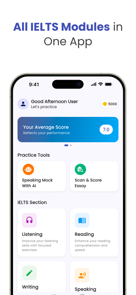 IELTS Pulse: Band 9 AI Prep - IELTS Pulse app dashboard displaying average band score and preparation modules for listening reading writing and speaking