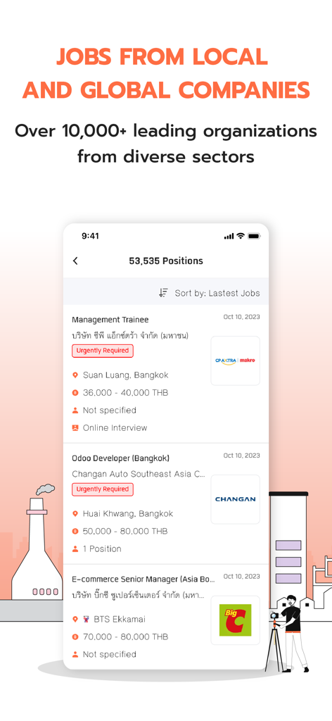 JobThai Jobs Search - JobThai mobile app screen showing job search results from top local and global companies.