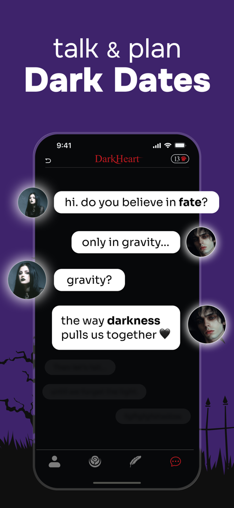 DarkHeart: Goth Dating App - DarkHeart goth dating app screenshot showing a romantic chat conversation between two users with alternative aesthetics