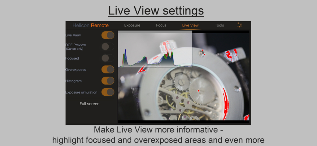 Helicon Remote - Helicon Remote app interface showing Live View settings with an RGB histogram and exposure highlights on a macro watch photo