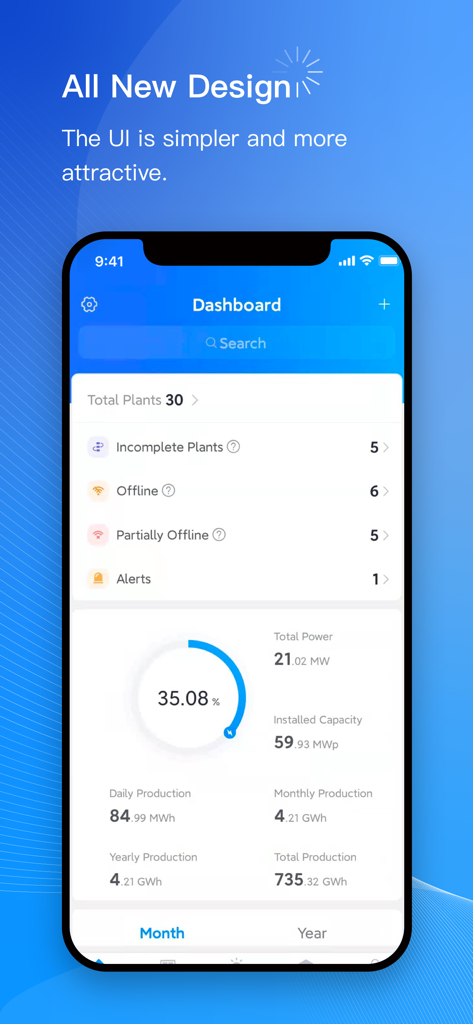 SOLARMAN Business - Panel de control de la aplicación móvil SOLARMAN Business mostrando estadísticas de rendimiento de la planta solar y alertas de estado