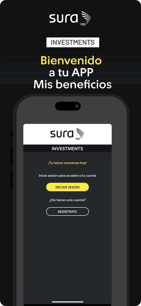 Mis Beneficios. - Pantalla de bienvenida de la app Sura Mis Beneficios que muestra opciones de inicio de sesión y registro
