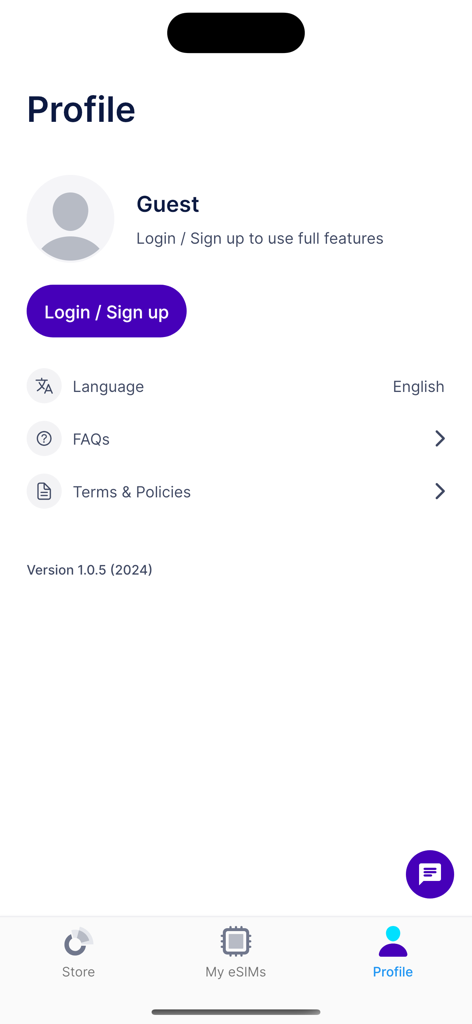 Gigago旅行用eSIMアプリのプロフィール画面、ログインとサインアップオプションのあるゲストユーザーアカウントを表示