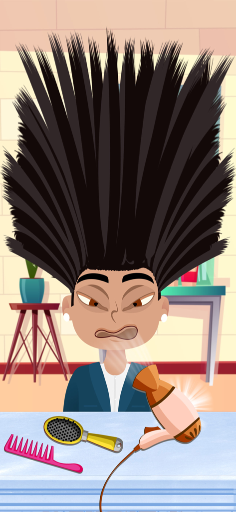 A cartoon character with tall spiky hair being styled with a hairdryer and brushes in a beauty salon game