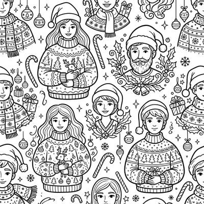 Immerse yourself in the holiday spirit with this delightful Christmas People & Portraits seamless coloring pattern. Featuring a joyful collection of faces, festive attire, and iconic holiday elements, it's perfect for spreading cheer and artistic relaxation.
