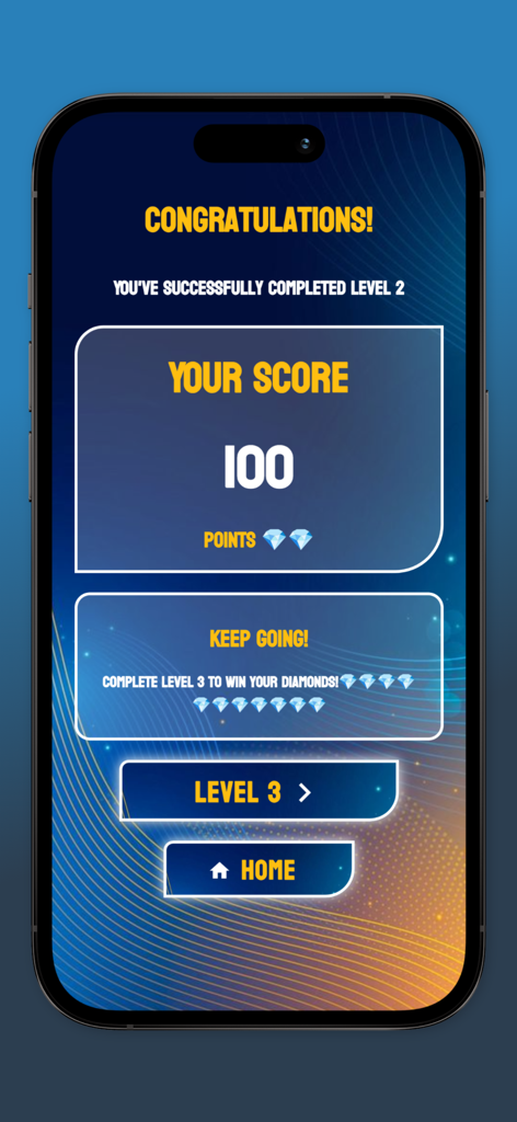 Diamonds For Mobile Legends - Pantalla del juego que muestra una puntuación de 100 puntos después de completar el nivel 2 en la app Diamantes Para Mobile Legends.