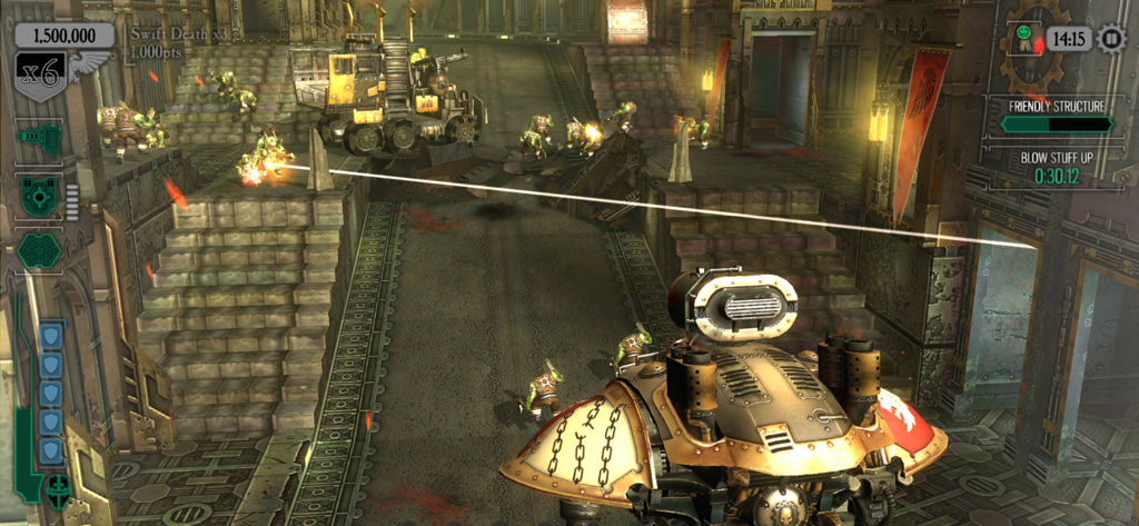 Warhammer 40,000: Freeblade - Imperial Knight firing at Orks in a gothic industrial city during gameplay of Warhammer 40000 Freeblade