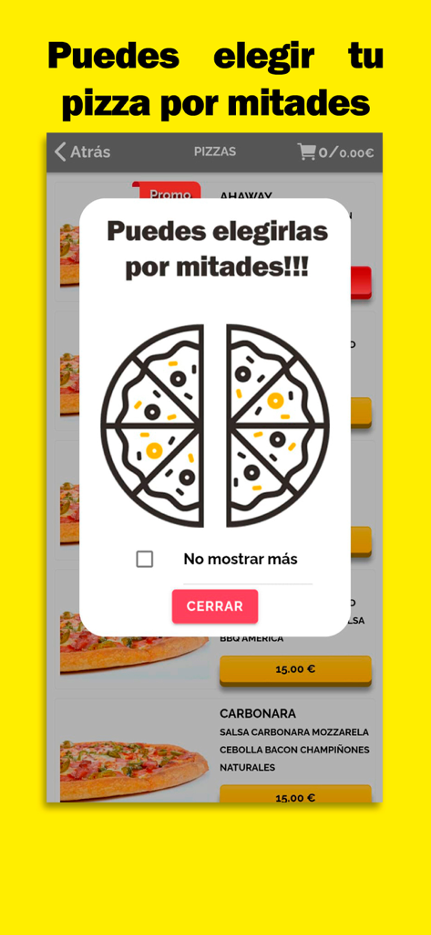 Macana Food app screen showing a pop up that explains how to order a pizza with different halves