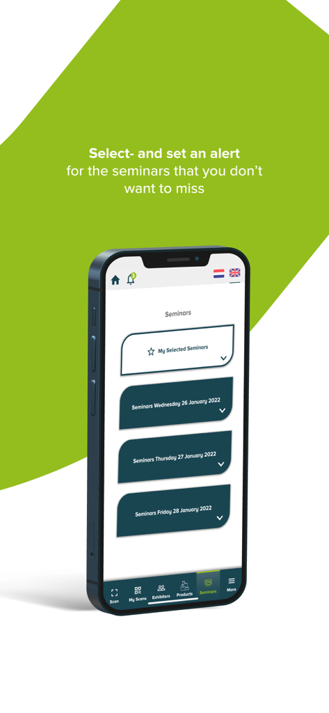 YDEM app interface showing the seminar schedule with options to set alerts and manage selected sessions