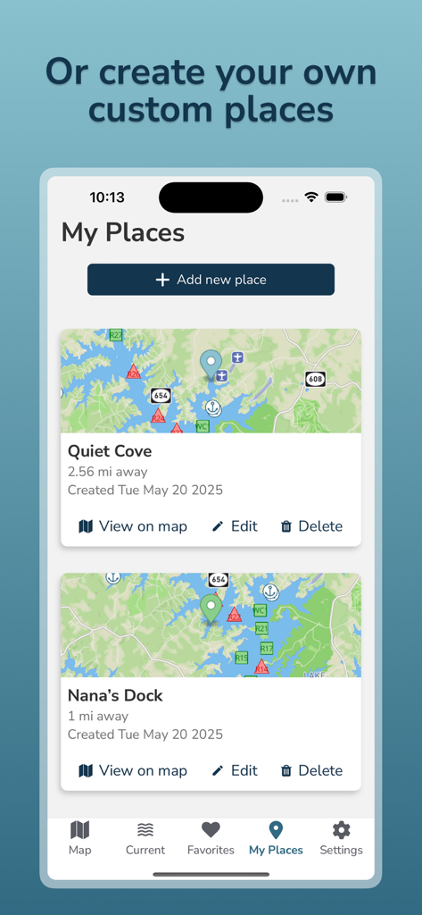 Float SML - Captura de pantalla de la aplicación Float SML que muestra la pantalla Mis Lugares con ubicaciones guardadas personalizadas como Quiet Cove y Nanas Dock.