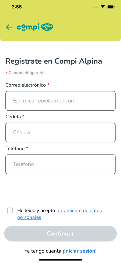 Compi Alpina - Pantalla de registro para la aplicación Compi Alpina que muestra campos para correo electrónico, identificación y número de teléfono