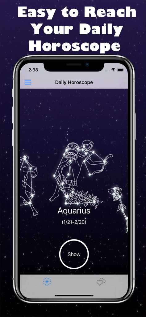 물병자리 별자리와 일일 운세 인터페이스를 보여주는 스마트폰 화면