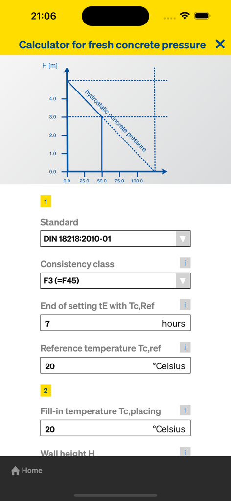 Oberfläche der Doka Tools App mit einem technischen Rechner für Frischbetondruck mit einem Druckdiagramm und Eingabeparametern