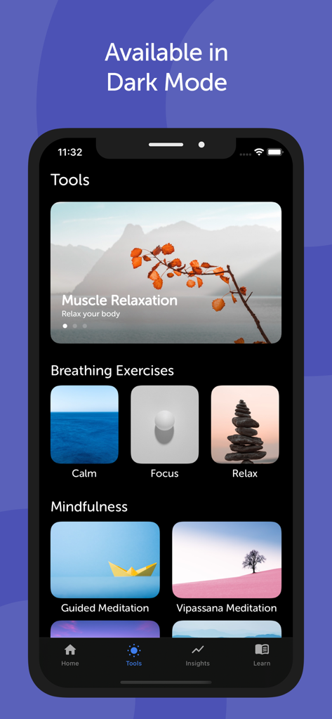 Quit Anger: Anger Management - Quit Anger app interface showing muscle relaxation, breathing exercises, and mindfulness tools in dark mode.