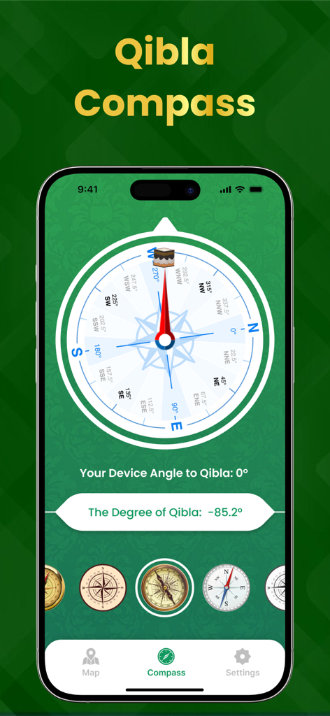 Interfaz de la aplicación Buscador de Qibla mostrando una brújula digital apuntando hacia la Kaaba para la dirección de la oración.