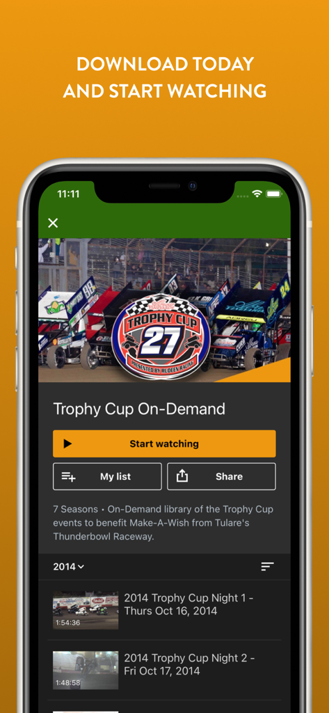 The Cushion - iPhone screen showing The Cushion app interface with Trophy Cup on-demand dirt track racing videos