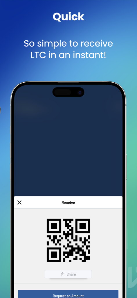 Litewallet App-Bildschirm, der einen QR-Code zum schnellen Empfangen von Litecoin LTC anzeigt