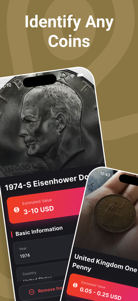 Mobile app screen identifying coins and showing their estimated market value