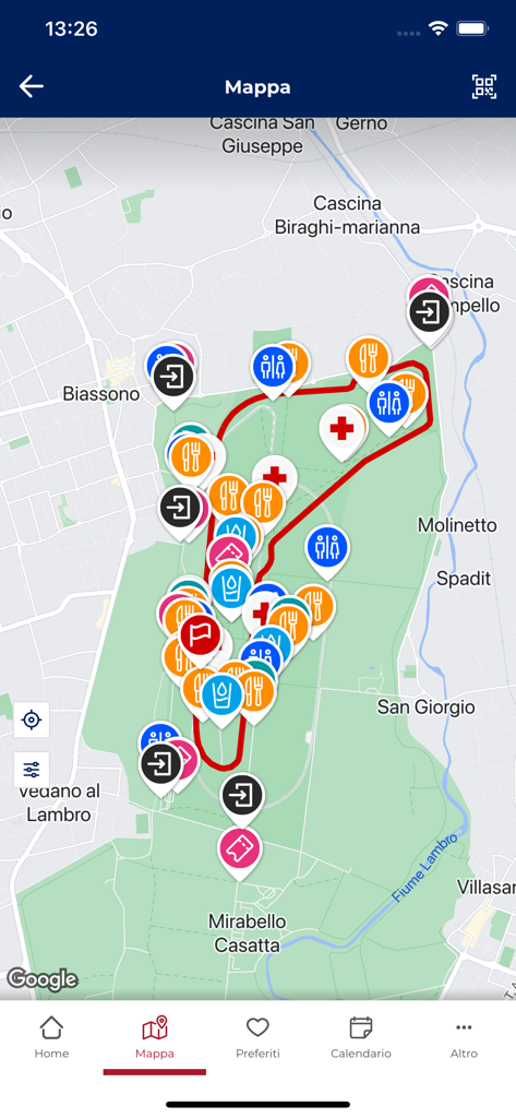 Monza Circuit - Map view in the Monza Circuit app showing track layout and service locations
