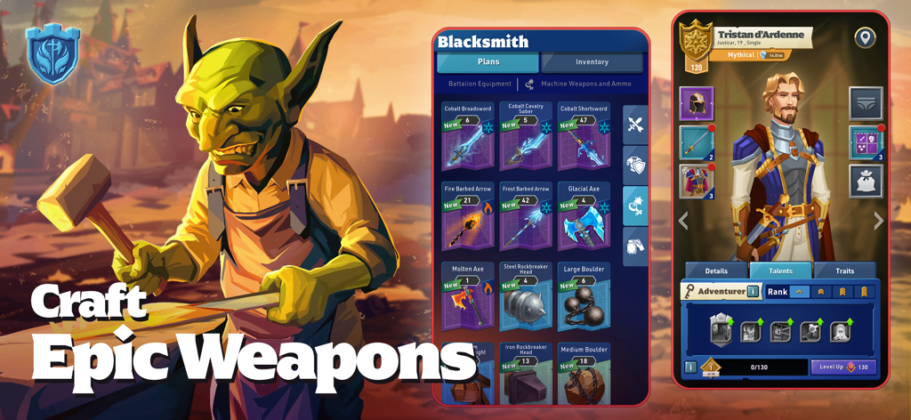 Kingdom Maker - A goblin blacksmith forging weapons next to a menu showing various epic weapon plans and a character equipment screen for a noble champion.