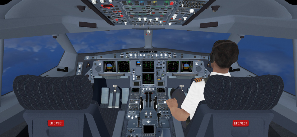 Innenansicht eines Airbus A330 Cockpit-Simulators mit einem Piloten am Steuer