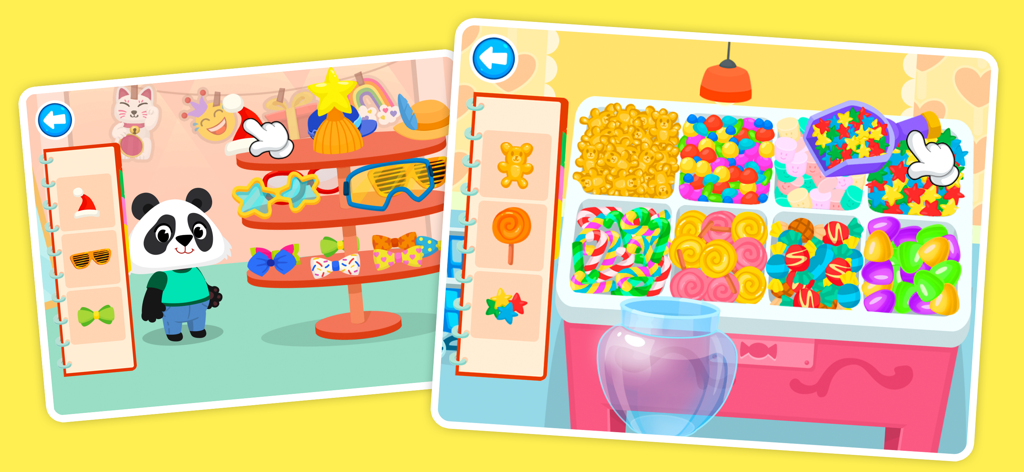 Supermarket Story - Animal characters shopping for accessories and candy in a preschool edutainment app