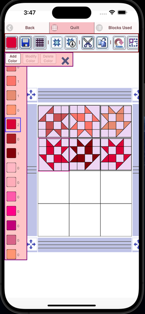 Quilt Pattern Creator - A screenshot of the Quilt Pattern Creator app interface showing a 3 by 3 grid of red and orange quilt blocks with a color sidebar.