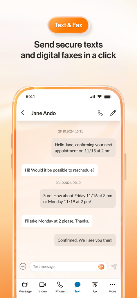 A mobile interface of the RingCentral app showing a secure business text conversation for appointment scheduling and options for digital faxing