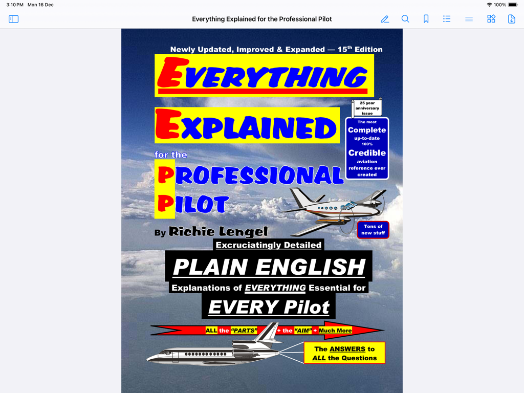 Page de couverture du manuel aéronautique Everything Explained for the Professional Pilot 15e édition.