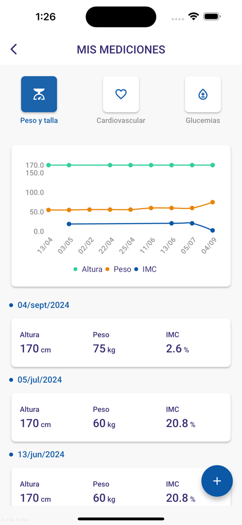 IMQ mobile app screen for tracking height weight and BMI with charts and historical records