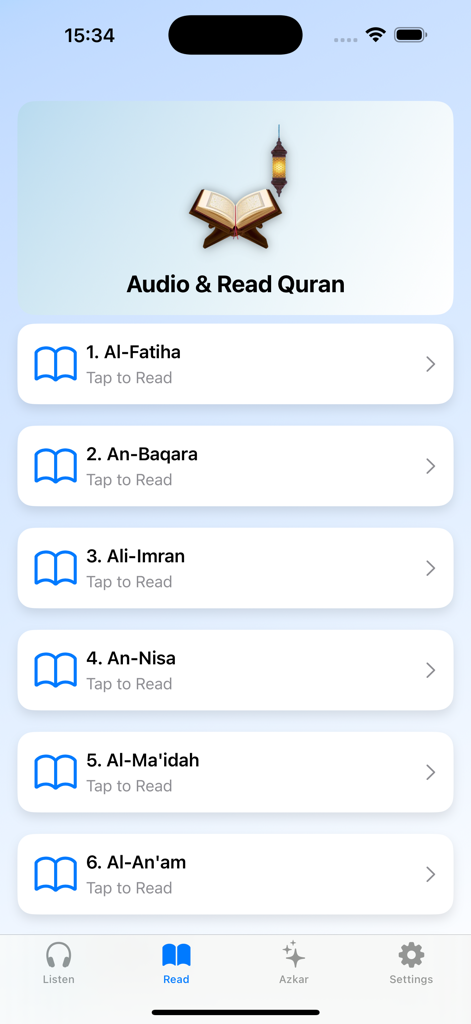 Sheikh Quran Full Recitation - Uma captura de tela da interface do aplicativo móvel Sheikh Quran mostrando uma lista de capítulos como Al-Fatiha e An-Baqara para leitura e audição