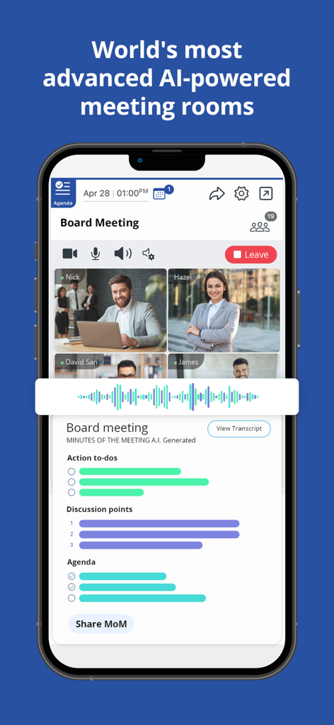 Qik Office - A smartphone screen showing the Qik Office app interface with a video board meeting and AI-generated minutes of the meeting.