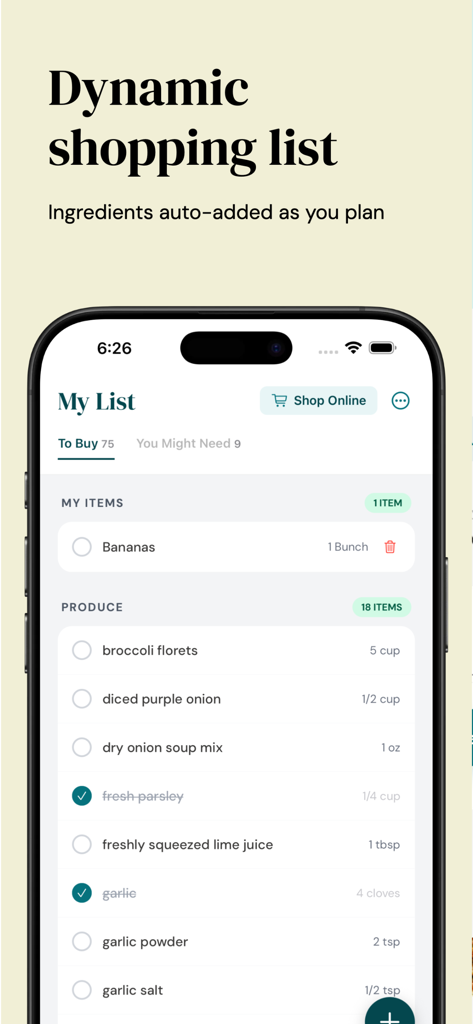 Six Sisters: Meal Planner - Dynamic shopping list in the Six Sisters app showing ingredients organized by grocery category with a shop online button