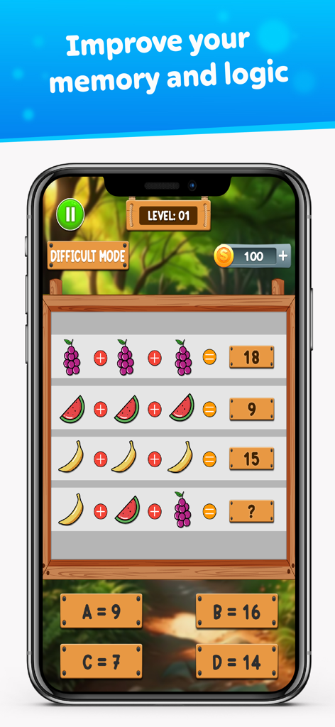 Brain Test: Food Math IQ Boost - Mobile screen showing a fruit themed algebra puzzle for brain training and logic improvement