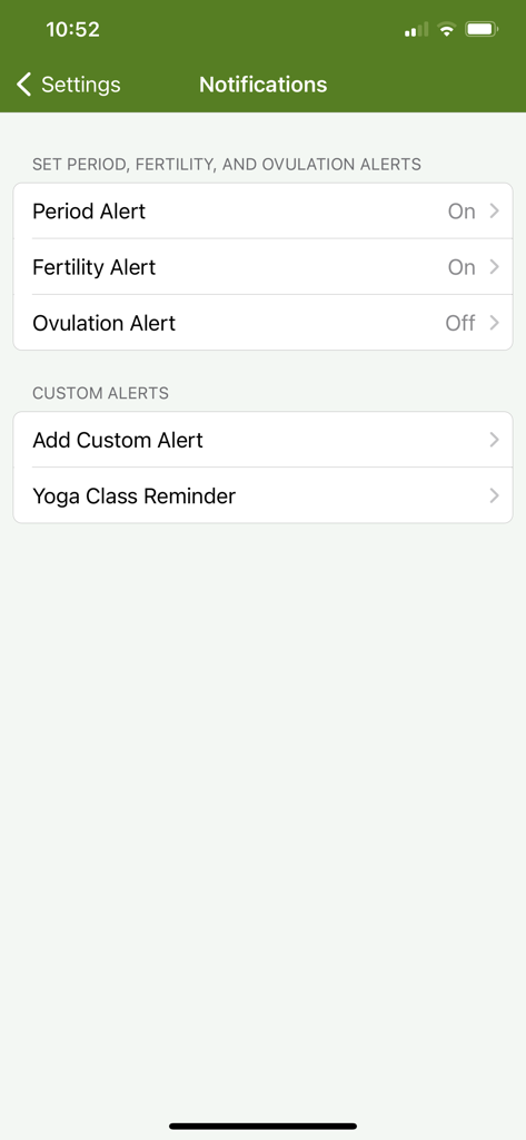 Configuración de notificaciones para alertas de fertilidad de período y ovulación en la aplicación PTracker.