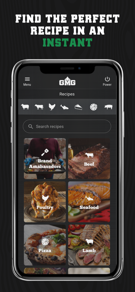 GMG Prime App - Die Rezeptoberfläche der GMG Prime App zeigt Kategorien für Rindfleisch, Geflügel, Meeresfrüchte und Pizza