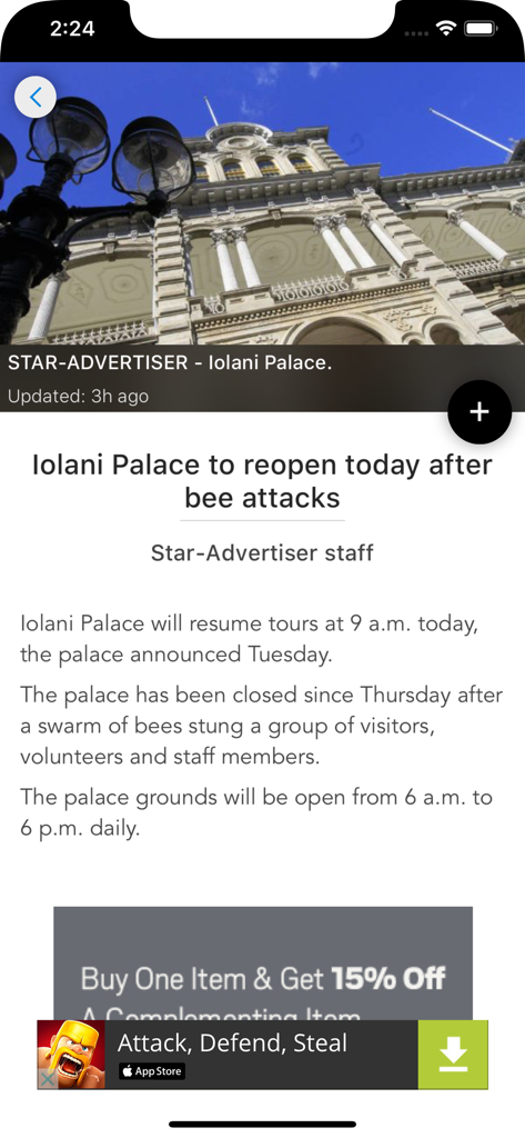 Honolulu Star-Advertiser mobile app showing a news article about the reopening of Iolani Palace