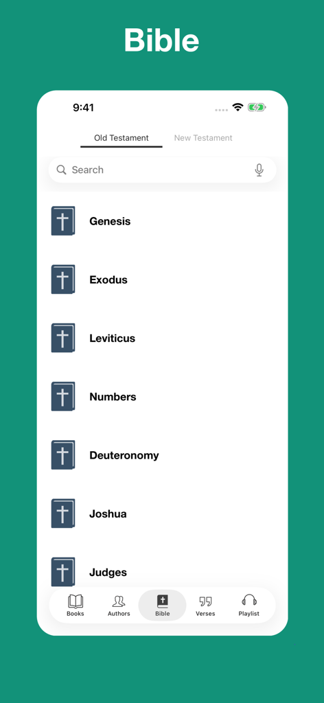 Christian Classics Books - Oberfläche der App Christliche Klassiker Bücher, die eine Liste von Büchern des Alten Testaments wie Genesis und Exodus zeigt